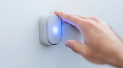 Hand touching a smart thermostat