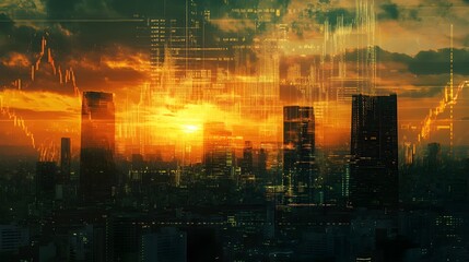 Investing and real estate market  Stock market business concept. Financial graphs and digital indicators with modern city background. Double Exposure. Concept of financial growth