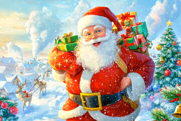 Santa Claus with a bag of gifts.