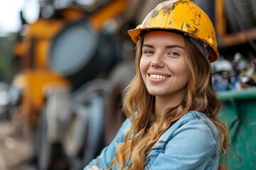 Confident young woman wearing a hard hat smiles outdoors at a construction site surrounded by machinery and equipment
