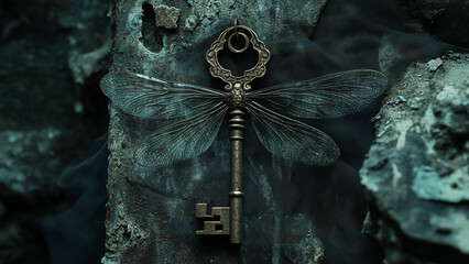 A detailed view of a dragonfly-shaped key hanging against a textured stone background, capturing the essence of mystery and intrigue