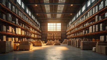 Fototapeta premium Spacious warehouse filled with stacked boxes and organized shelves.