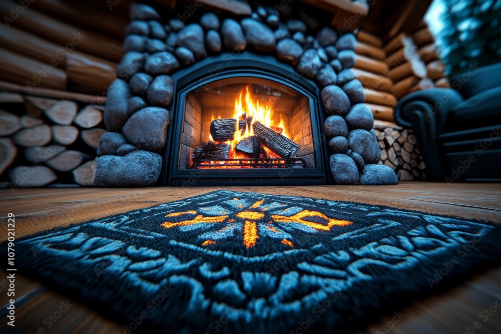 Poster A digital 3D illustration of a rustic cabin fireplace with logs and a flickering flame, creating a cozy feel