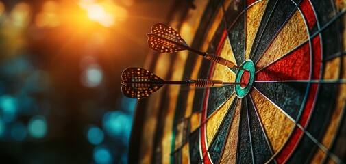 A close-up of a dartboard with darts placed in the target, illuminated by warm light, showcasing a classic outdoor gaming atmosphere.