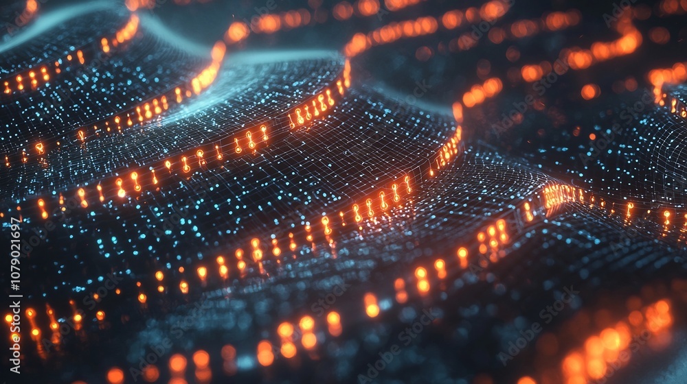 Poster glowing synthetic biology network visualizing engineered biological systems complexity