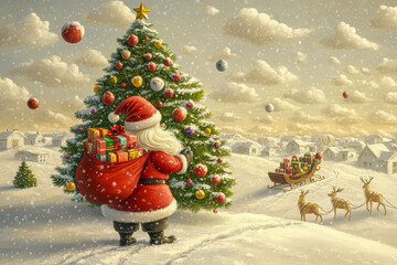 Santa Claus with a bag of gifts.