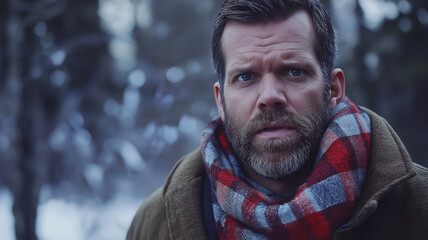 A ruggedly handsome man with a trimmed beard, wrapped in a plaid scarf and woolen jacket