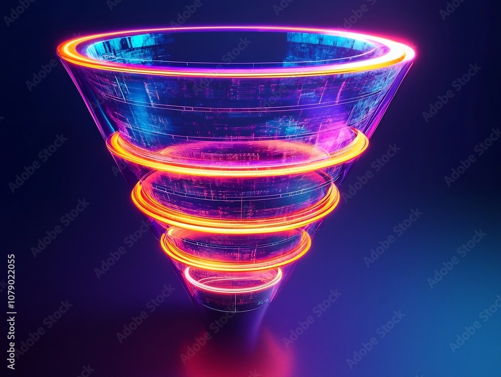 Poster AI Driven 3D Marketing Funnel Visualization with Glowing Layers Optimizing Customer Journey