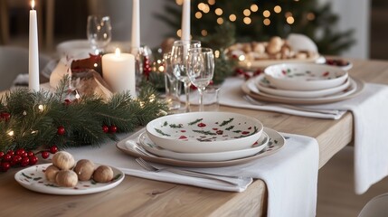 A festive table setting with white plates and red berries, set for a Christmas dinner