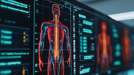 longevity lifestyle vitality.  A high-tech digital display of the human anatomy, showcasing the spine and vascular system in a vibrant, colorful representation.