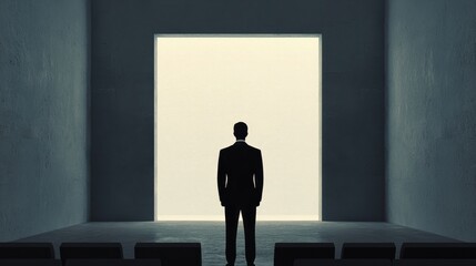 A business professional stands contemplating opportunities in an empty room with a bright future ahead