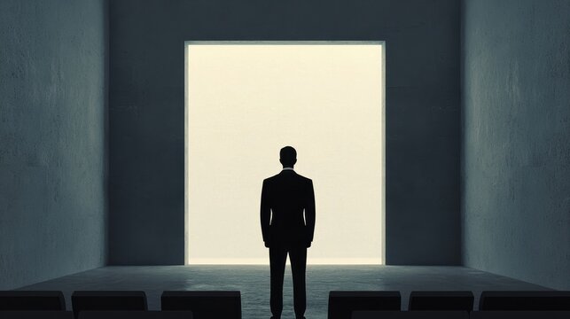 A business professional stands contemplating opportunities in an empty room with a bright future ahead