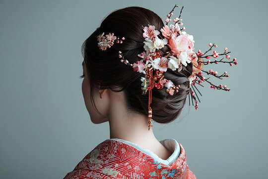 A traditional japanese chignon updo with kanzashi ornaments.