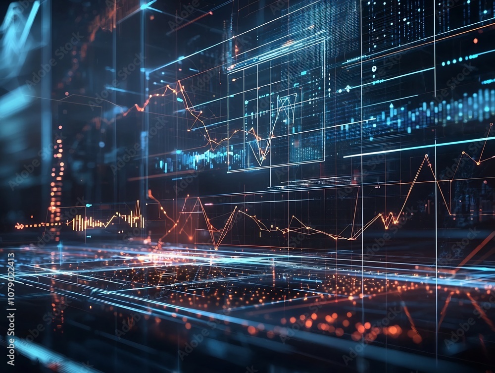 Poster futuristic ai powered holographic marketing data visualization matrix with interconnected analysis a