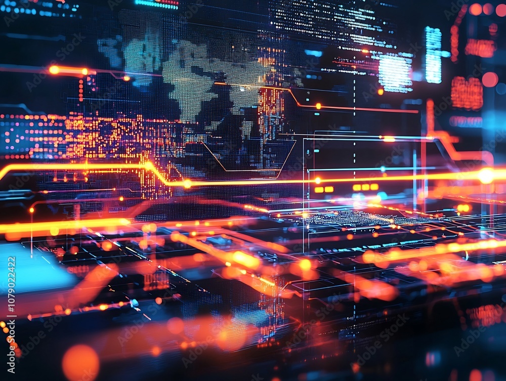 Poster futuristic holographic ai powered marketing matrix with interconnected data analysis and campaign de