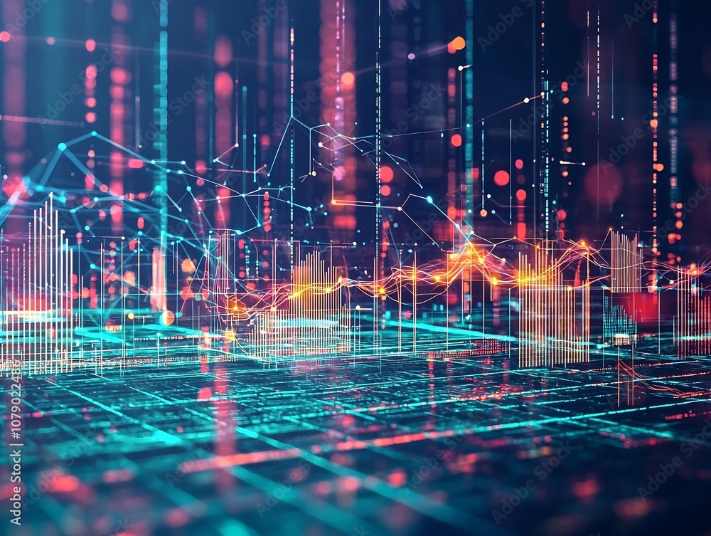 Poster holographic ai powered marketing matrix with interconnected data analysis and automated campaigns