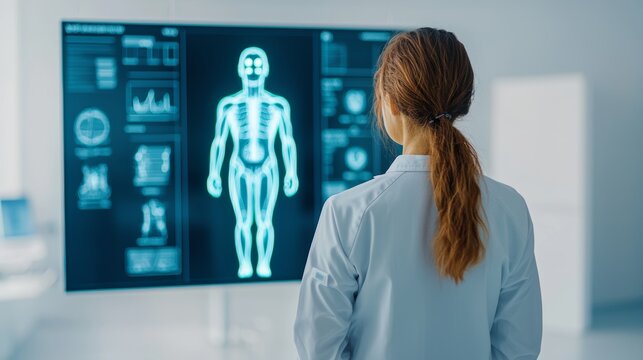 longevity lifestyle vitality. A healthcare professional analyzes patient data displayed on a digital screen, featuring a human body diagram with various health metrics.
