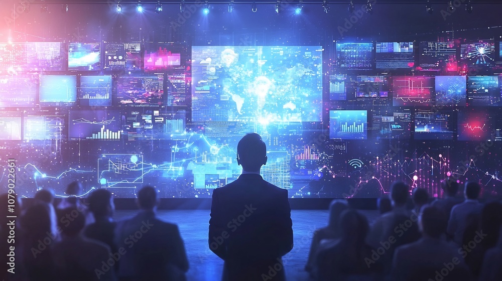 Poster futuristic ai driven marketing conference with glowing presentation screens and predictive analytics