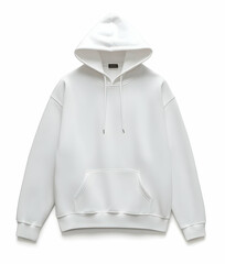 White hooded sweatshirt with a kangaroo pocket, isolated on a white background.