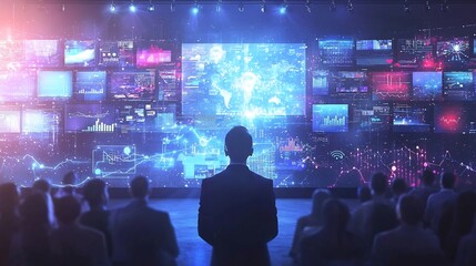 Futuristic AI Driven Marketing Conference with Glowing Presentation Screens and Predictive Analytics