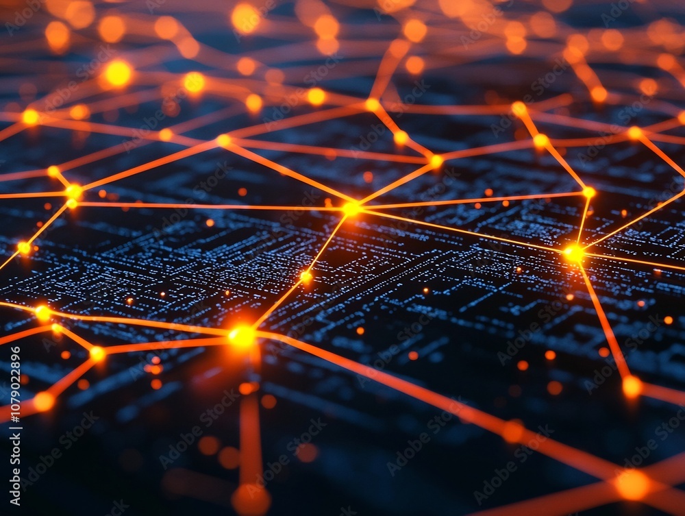 Poster glowing ai driven marketing network visualized as dynamic web of interconnected nodes