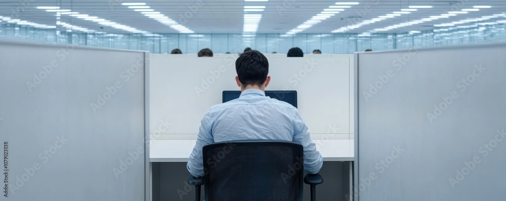 Poster office workers focus on tasks in modern workspace cubicles to enhance productivity and collaboration