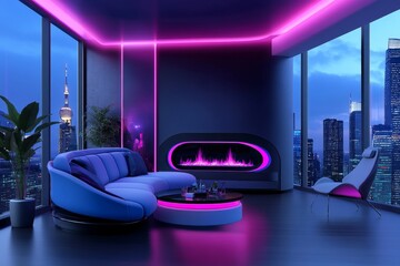 A high-tech digital fireplace with holographic flames and intense colors, set in a cyberpunk-style apartment
