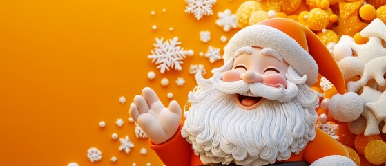 A cartoonish image of Santa Claus waving to the camera