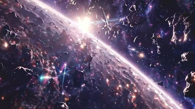 A stunning view of a distant planet with a bright sun and scattered asteroids in a purple galaxy.