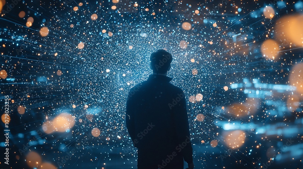 Poster ai driven digital marketing concept with glowing data particles adapting in real time