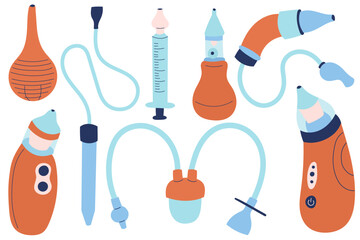 Set of nasal aspirator and nose cleaner. Kids or baby vacuum suction nasal aspirator. Influenza prevention concept