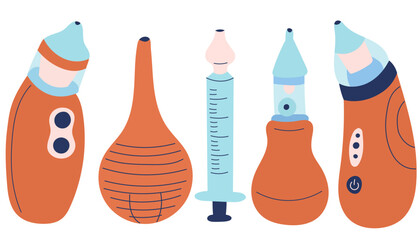 Set of nasal aspirator and nose cleaner. Kids or baby vacuum suction nasal aspirator. Influenza prevention concept
