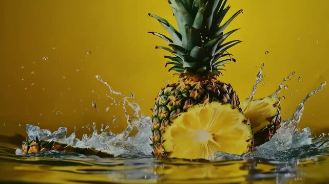 A whole pineapple and pineapple slices splash into water, creating a dramatic spray against a yellow background.