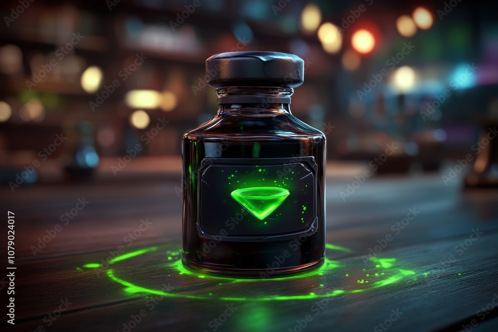 Poster a magical bottle of glowing oil with a mystical aura and enchanted labels, set in an alchemistâ€™s w