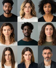 A Headshot compilation of a group of fictional people. All People are from different backgrounds, religions, age, ethnicity and gender showcasing diversity and freedom. AI generated. 