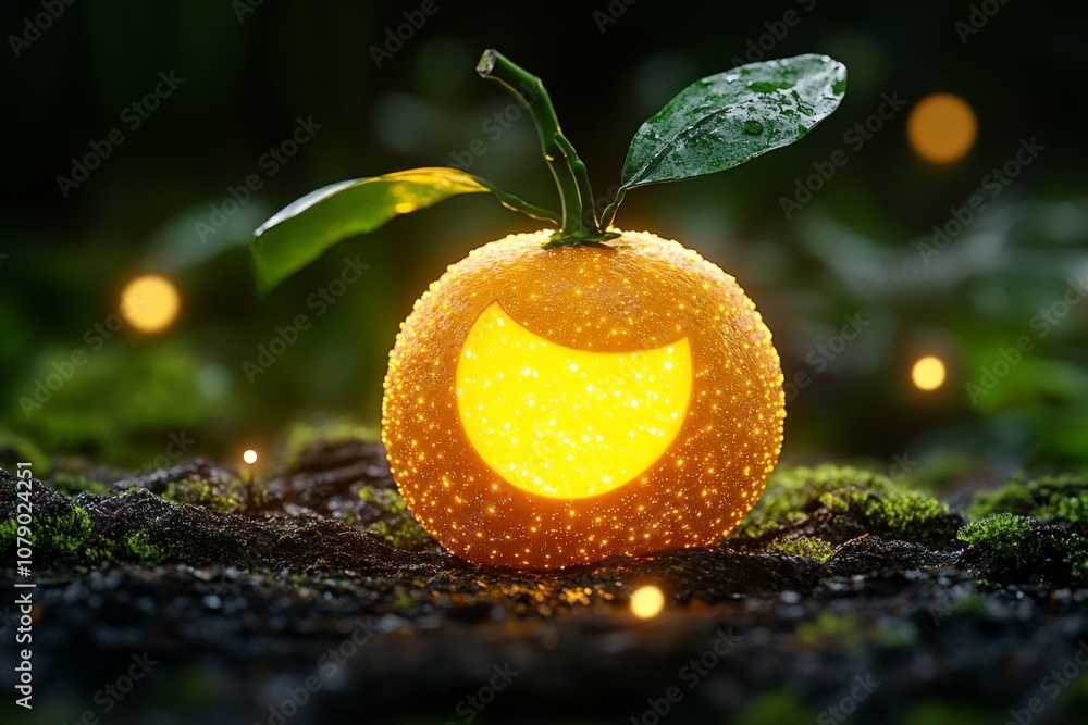 Poster a magical orange with glowing segments and sparkling juice, set in an enchanted forest
