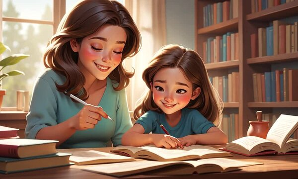 Mother and daughter engaging in a joyful learning session together in a cozy library