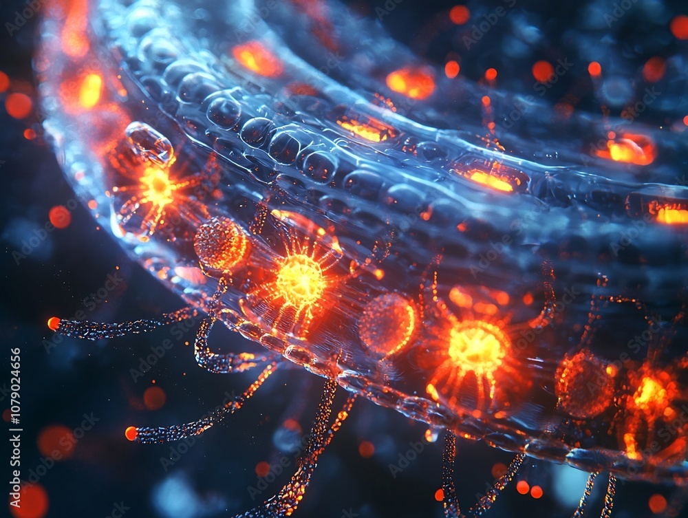 Poster close up of a glowing synthetic cell membrane with embedded proteins and nanomachines showcasing the
