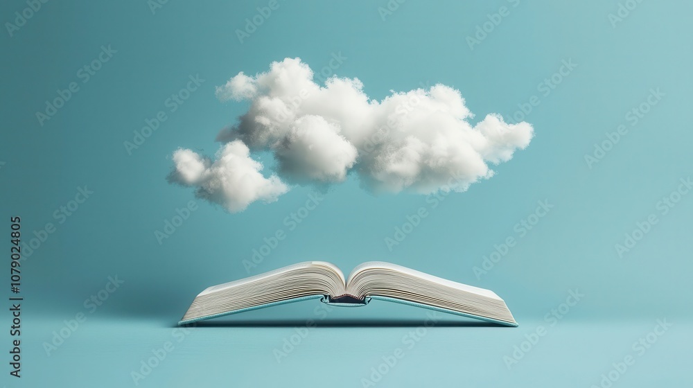 Poster discover the enchantment of imagination with a floating open book surrounded by soft clouds