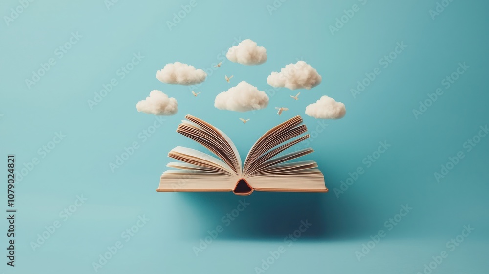 Poster explore the boundless imagination as an open book releases clouds and dreams into the sky