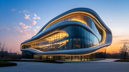 Futuristic Office Building with Curved Glass Facade at Sunset