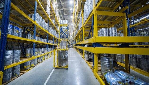 A large industrial warehouse filled with rows of stacked beer kegs on shelves.