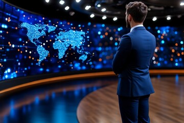 A news anchor in a modern studio reporting breaking news, with a digital background of world maps and headlines