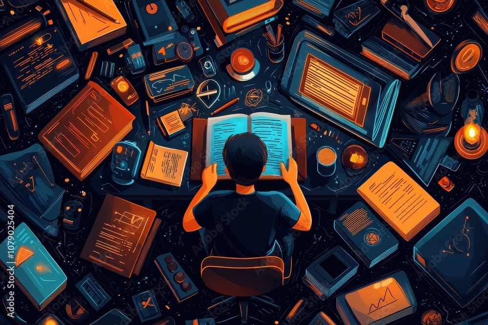 Aufkleber student engages with knowledge amidst a sea of learning resources and tools in a dynamic study envir