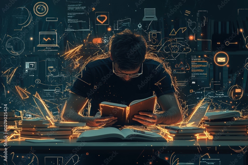 Poster student engages deeply with textbook while surrounded by digital learning elements to enhance academ