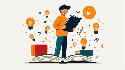 Young learner engages in knowledge exploration with books and ideas illuminating the path to creativity and innovation