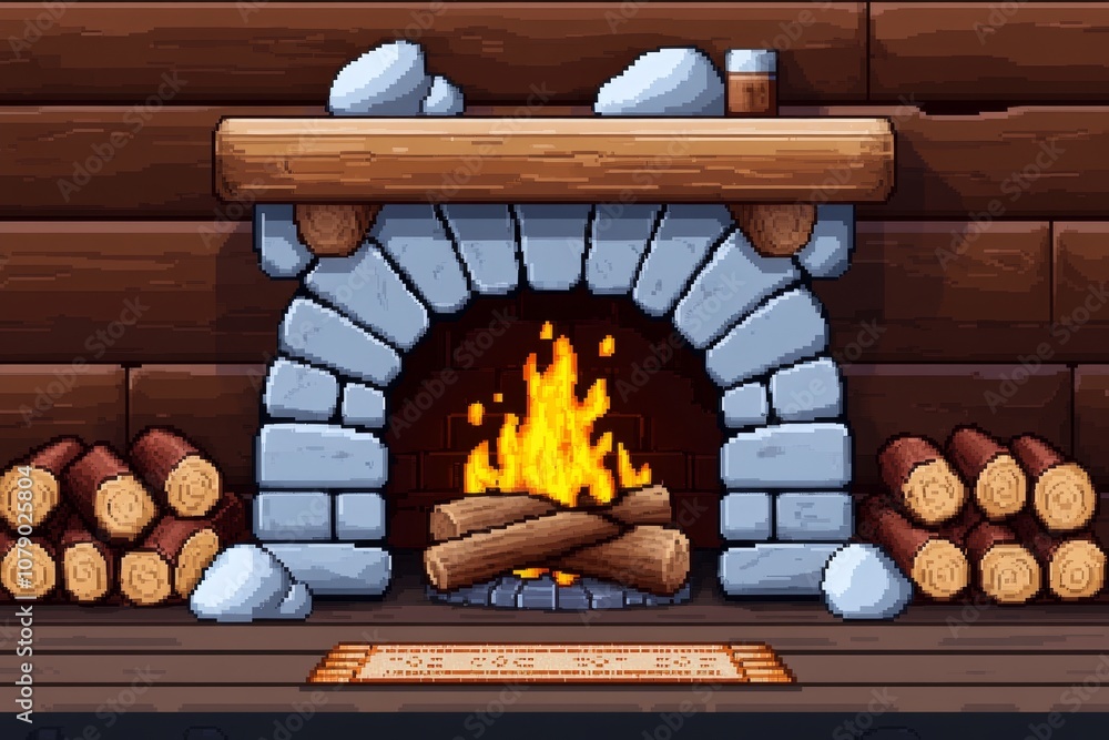 Poster a pixel art fireplace with animated flames and a small rug in front, styled like a retro video game 