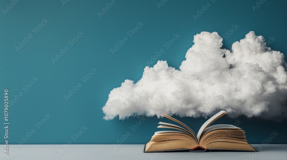 Aufkleber discover the enchantment of an open book with glowing pages surrounded by dreamy clouds for a whimsi