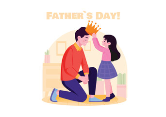 A young girl places a crown on her father's head in a joyful scene, celebrating Fathers Day with love and affection. Vector illustration