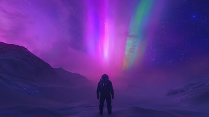 Astronaut on Distant Planet Witnessing Colorful Auroras - Ultra-Detailed 3D Render Digital Artwork Sparking Awe and Wonder